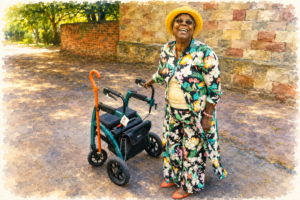 Older woman standing outdoors with a four-wheel rollator walker with a seat and storage bag.