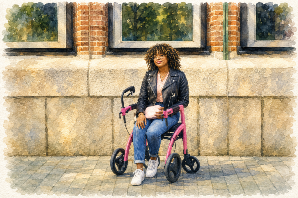 Watercolor illustration of a smiling older woman using a four-wheel rollator with a built-in seat and storage bag, showing how a rollator can provide support, convenience, and independence while staying active outdoors.