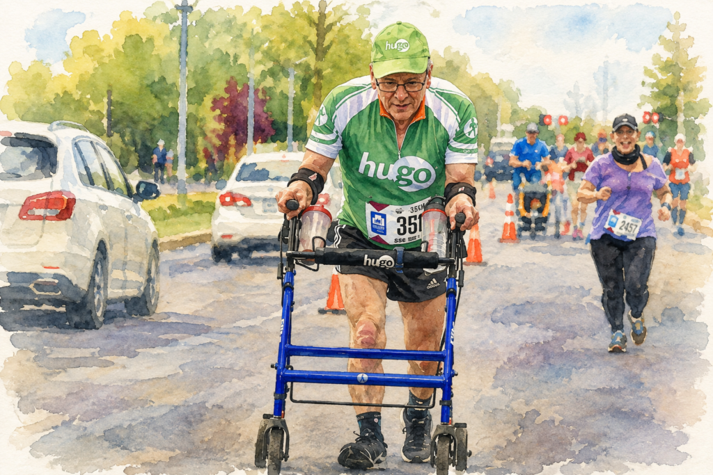 Older man participating in a road race while using a blue walker for mobility support.