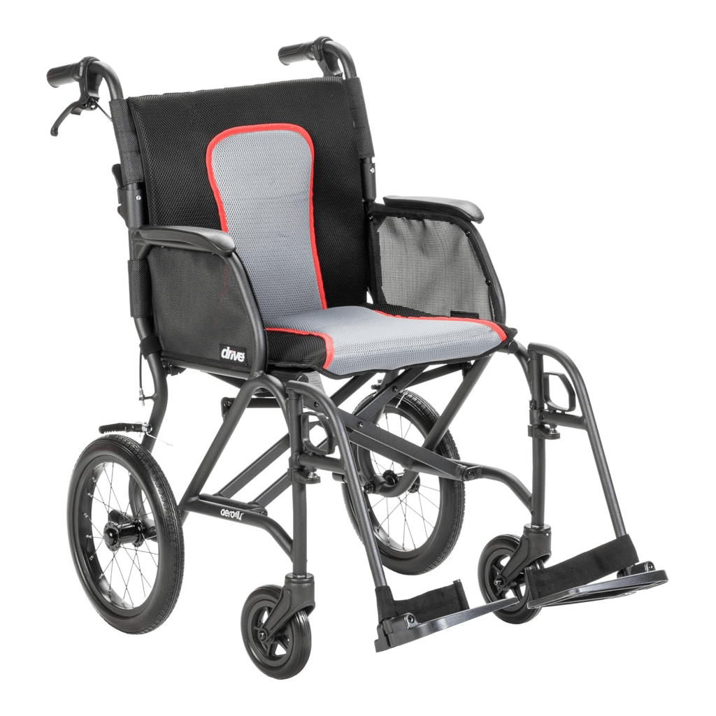 Lightweight transport wheelchair with padded seat, breathable backrest, attendant hand brakes, and swing-away footrests.