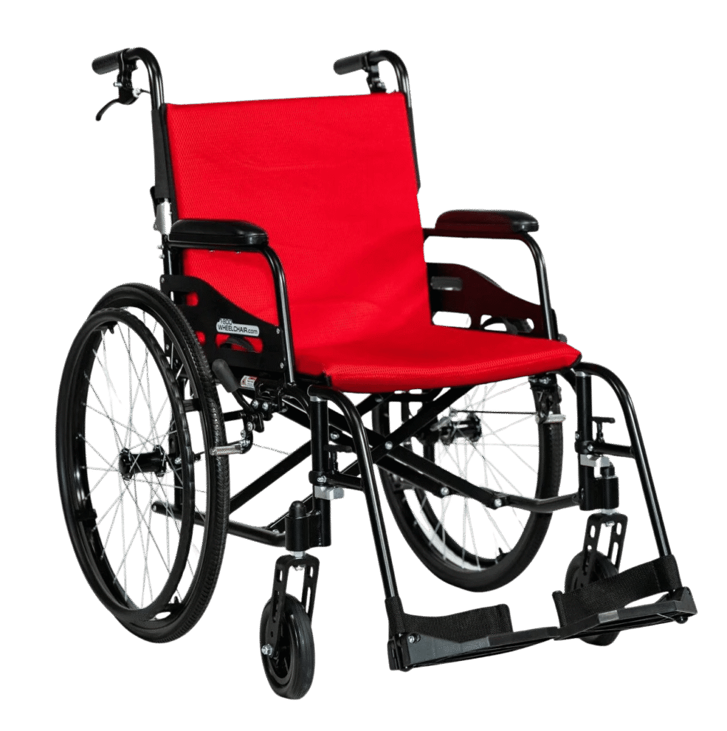 Wheelchair vs. Transport Wheelchair-Red manual wheelchair with black frame, large rear wheels, armrests, and adjustable footrests.