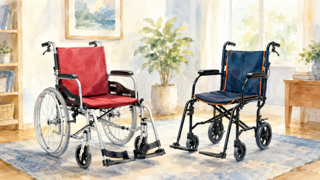 Manual wheelchair and lightweight transport wheelchair displayed side by side in a bright home setting.