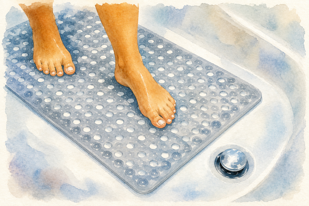 Feet standing on a non-slip bath mat in a bathtub to help reduce slips and falls and improve bathroom safety.