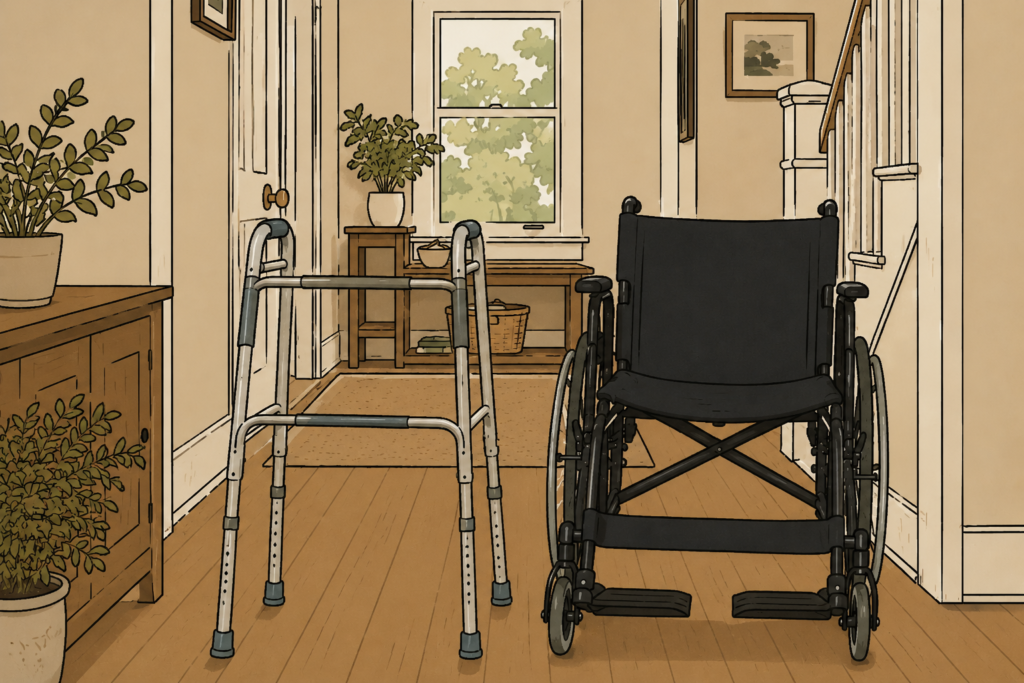 Standard walker and wheelchair side by side in a home, illustrating the differences between mobility aids.
