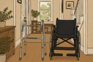Standard walker and wheelchair side by side in a home, illustrating the differences between mobility aids.