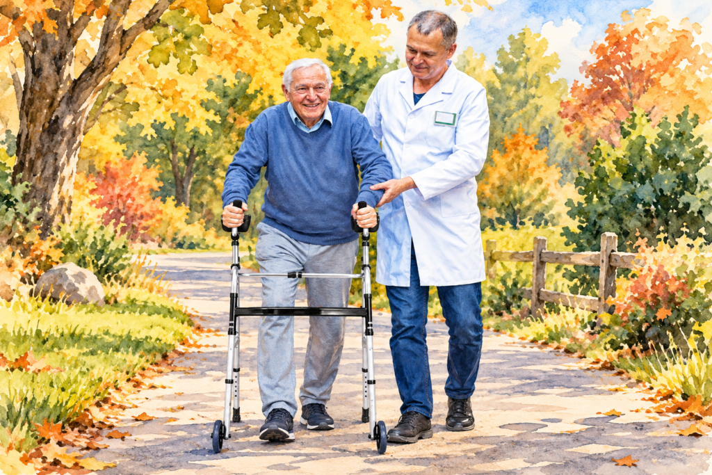 Older man using a wheeled walker with assistance from a healthcare professional on an outdoor path.