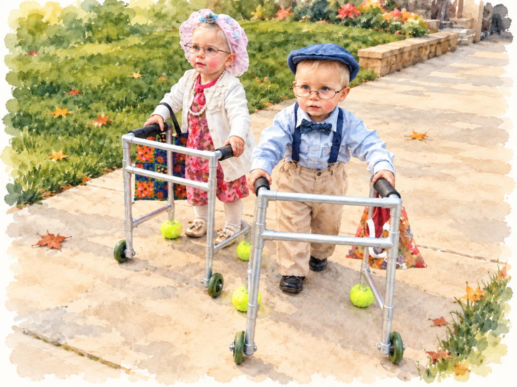 Two young children dressed as seniors using small walkers with tennis balls on the legs.