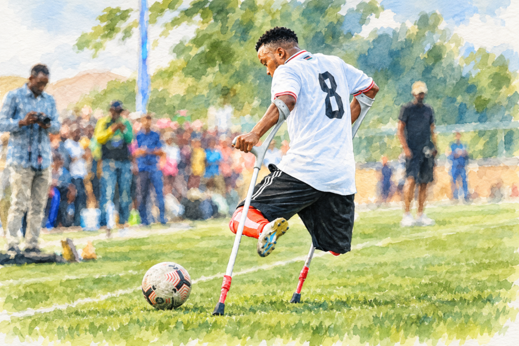 Watercolor illustration of an amputee soccer player using forearm crutches while kicking a soccer ball on the field.