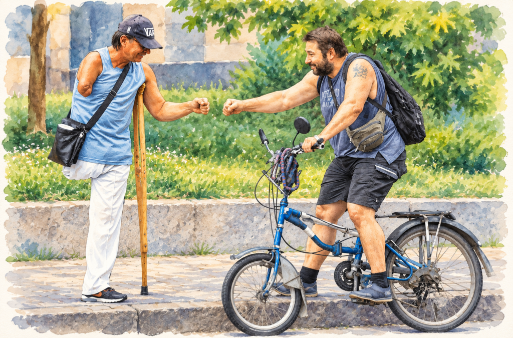 Knee Scooter vs. Crutches- Man using a crutch fist-bumps a cyclist in a watercolor illustration, showing friendship and independence despite mobility challenges.