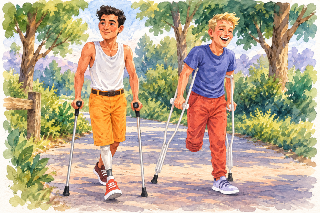 Two men using crutches walk together along a park path, including one man with a prosthetic leg, in a colorful watercolor illustration.