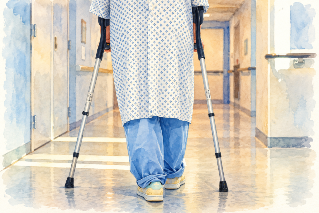 Patient using forearm crutches walks through a hospital hallway during recovery in a soft watercolor illustration.
