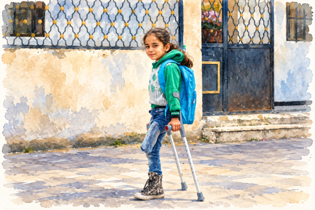 Young girl with a blue backpack uses crutches while walking outdoors in a colorful watercolor illustration.