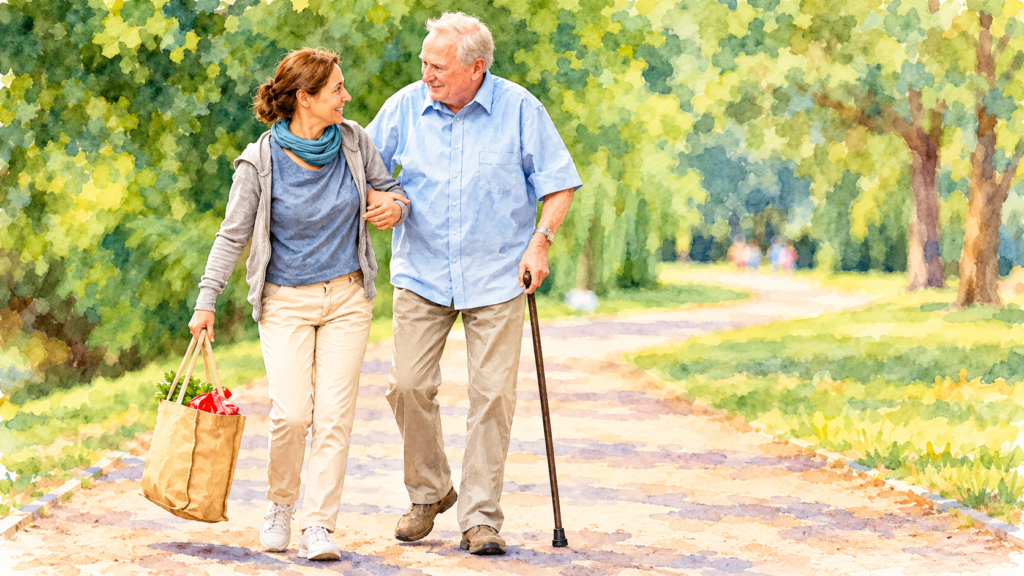 National Family Caregivers Month- Watercolor illustration of a family caregiver walking arm-in-arm with an elderly man using a cane along a peaceful park pathway.