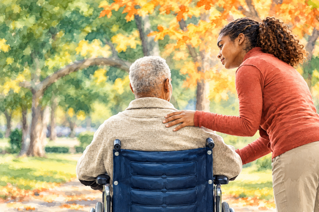 Watercolor illustration of a female caregiver gently resting her hand on an elderly man's shoulder as he sits in a wheelchair in a peaceful autumn park.