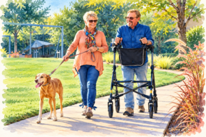 Older man using an upright walker while walking with a woman and dog on a sunny park path.
