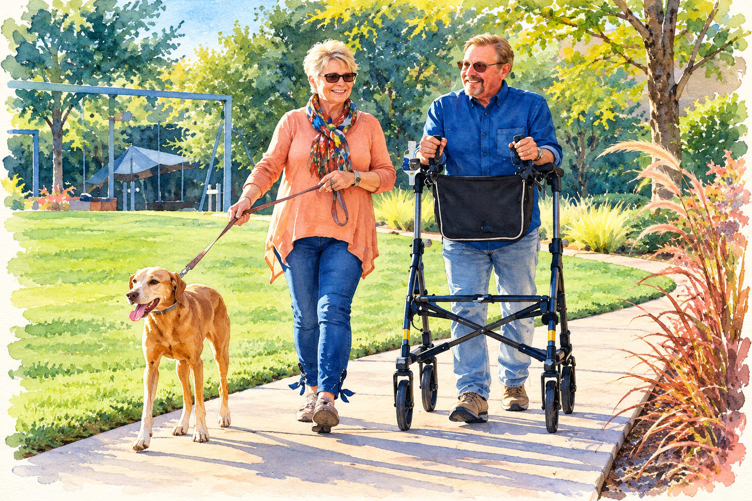 Older man using an upright walker while walking with a woman and dog on a sunny park path.