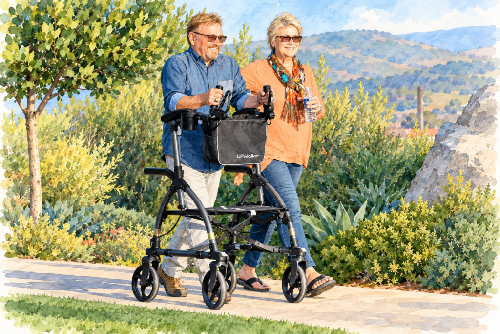 Platform Walkers- Older man using an upright walker while walking outdoors with a woman on a garden path.