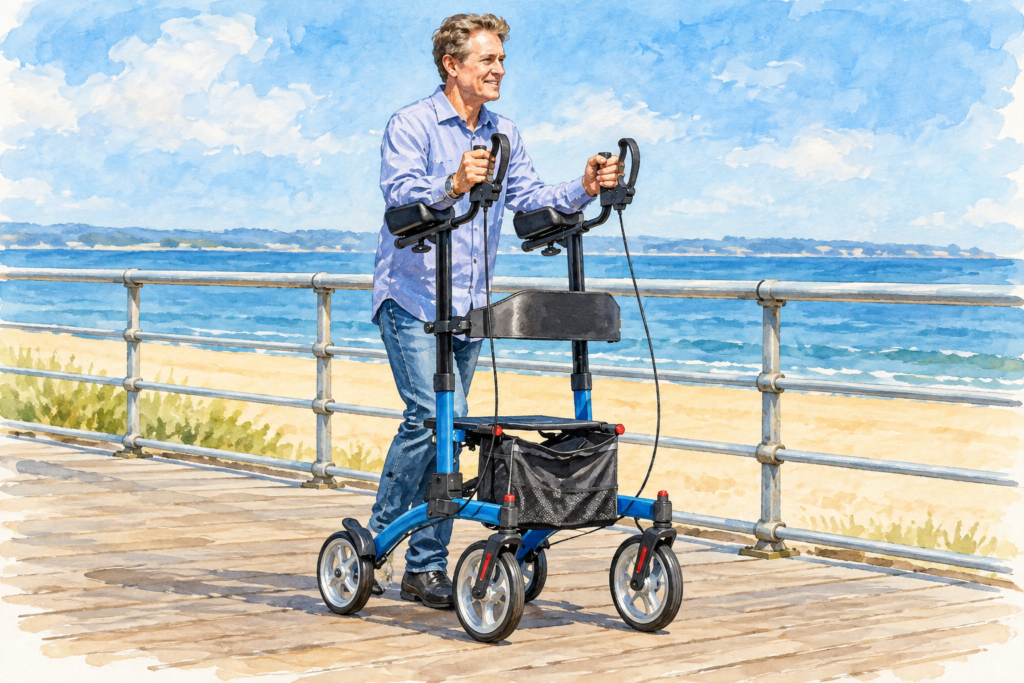 Man using an upright platform walker with padded forearm supports on a seaside boardwalk.