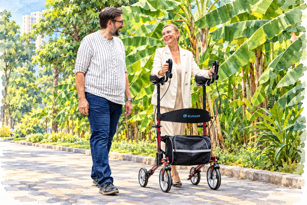 Woman using an upright walker with forearm supports while walking outdoors with a companion.