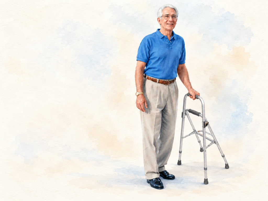 Hemi-Walker vs. Standard Walker vs. Quad Cane- Smiling older man standing with a silver hemi walker in a watercolor illustration.
