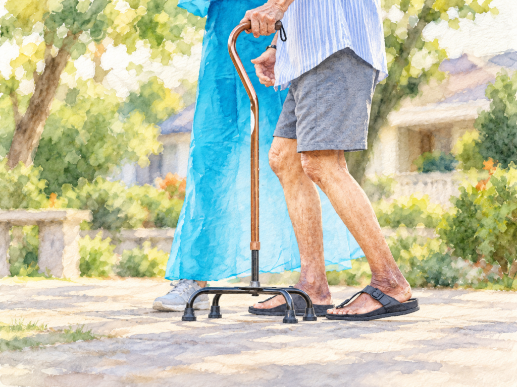 Older Woman Walking Safely With a Quad Cane