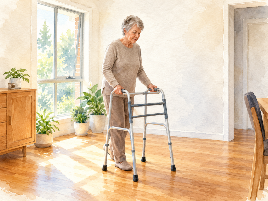 Older woman safely using a standard walker in a bright, sunlit home.
