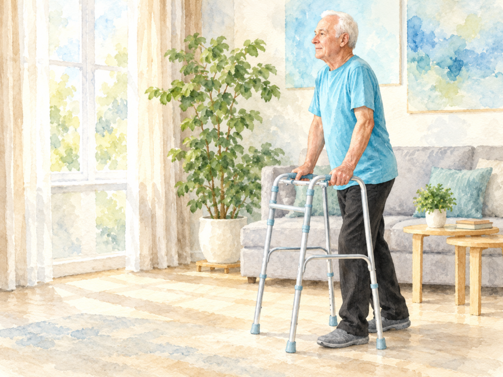 Older man safely using a standard walker in a bright, comfortable living room.