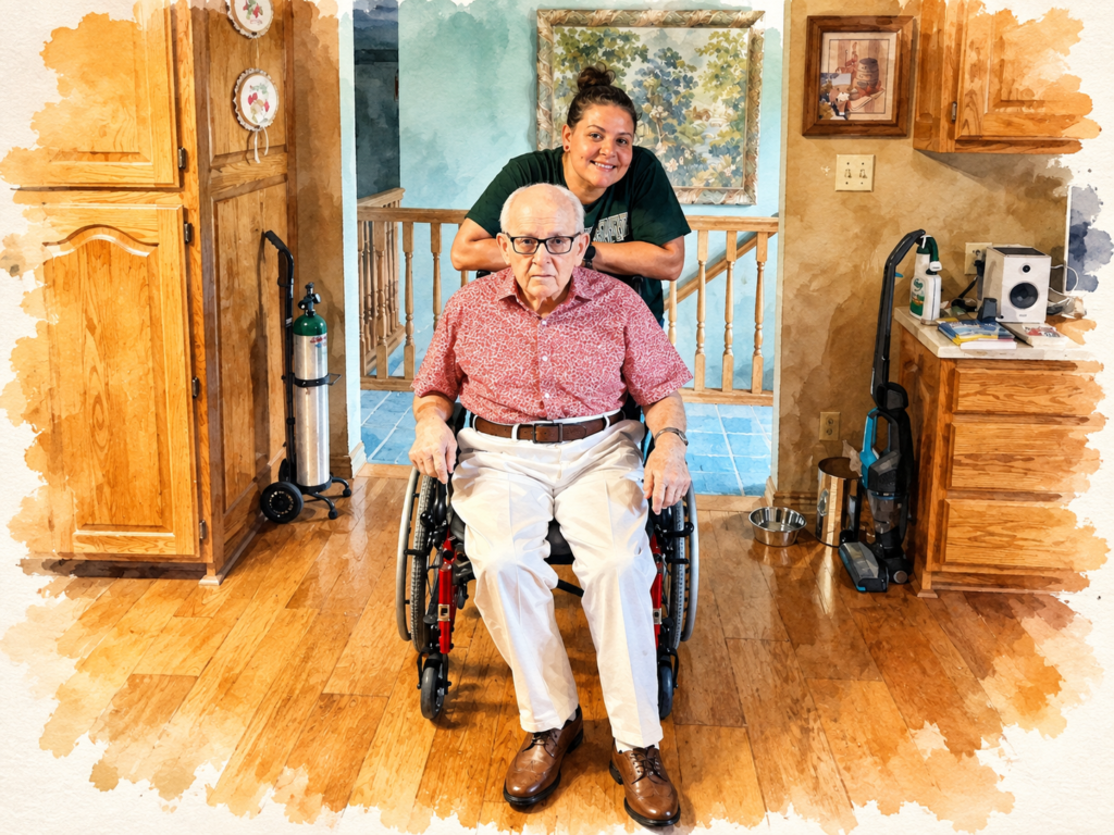Elderly man seated in a wheelchair at home with Jessica, his CNA caregiver, standing behind him.