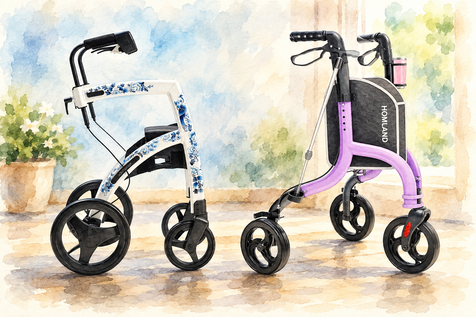 Two modern rollator walkers side by side, including a white floral walker and a purple four-wheel rollator.