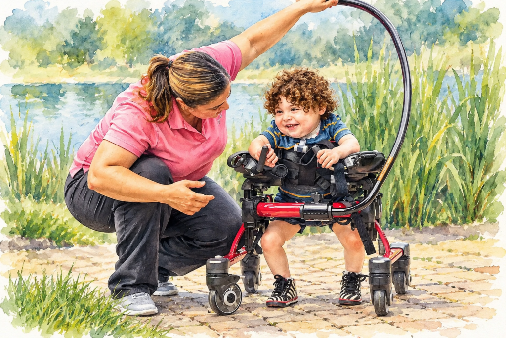 Child using a pediatric walker with support from a caregiver outdoors.
