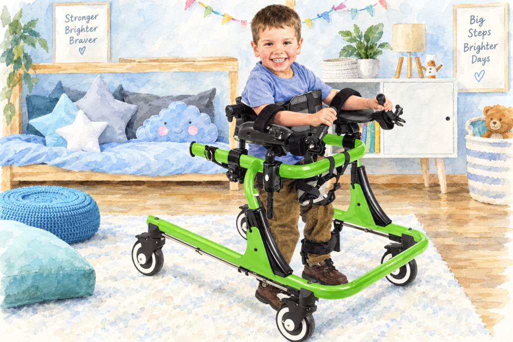 Pediatric Walker vs. Gait Trainer- Smiling child using a green pediatric gait trainer in a bright indoor playroom.
