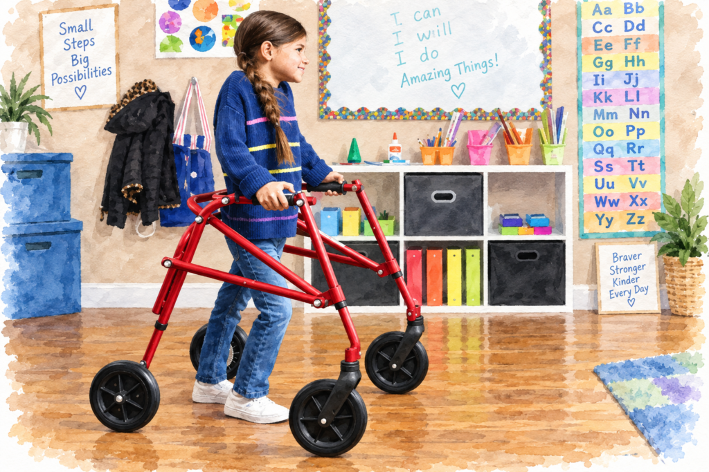 Young girl using a red pediatric walker in a classroom.