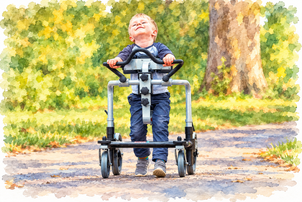 Young boy using a supportive pediatric gait trainer while walking outdoors.