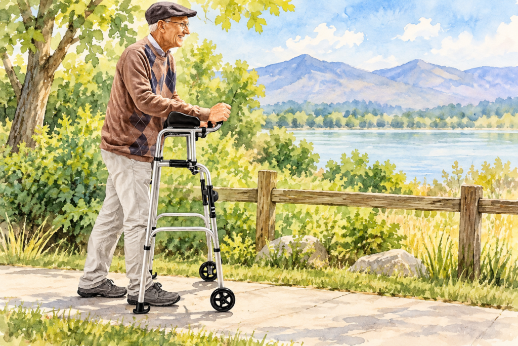 Platform Walkers- Older man using a platform walker on an outdoor path near a lake and mountains.