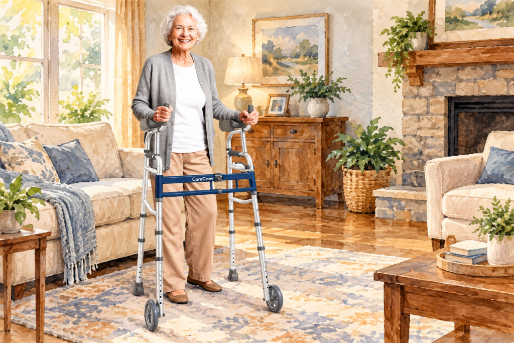 Older woman using a platform walker with forearm supports in a comfortable living room.