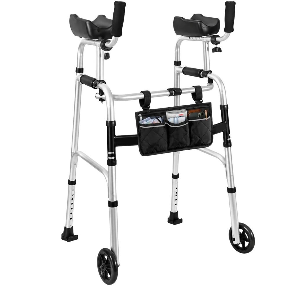 Platform walker with padded forearm supports, front wheels, and storage pouch