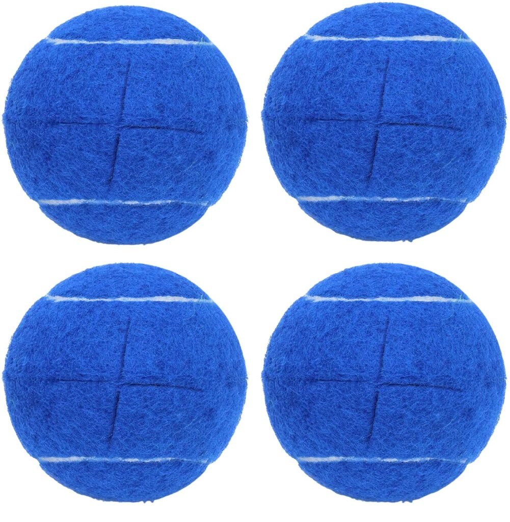 Blue tennis balls designed to fit over walker legs for smoother movement across floors.
