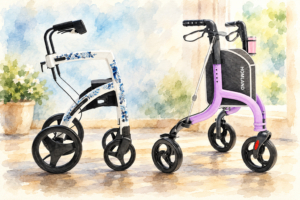Two modern rollator walkers side by side, including a white floral walker and a purple four-wheel rollator.