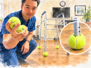 Man holding tennis balls beside a walker with tennis balls attached to the rear legs.