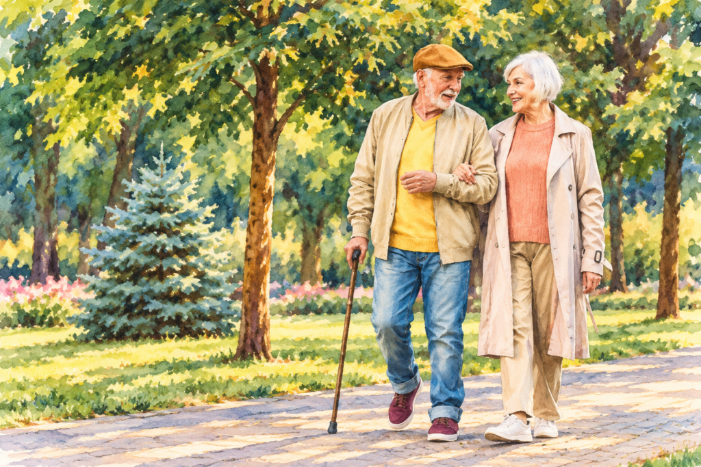 Older man using a walking cane while strolling arm-in-arm with a smiling senior woman along a tree-lined park pathway.