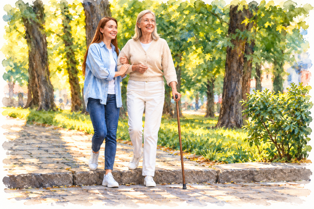 Smiling senior woman with silver hair using a wooden walking cane while a younger woman supports her arm during a walk along a sunny, tree-lined park pathway.