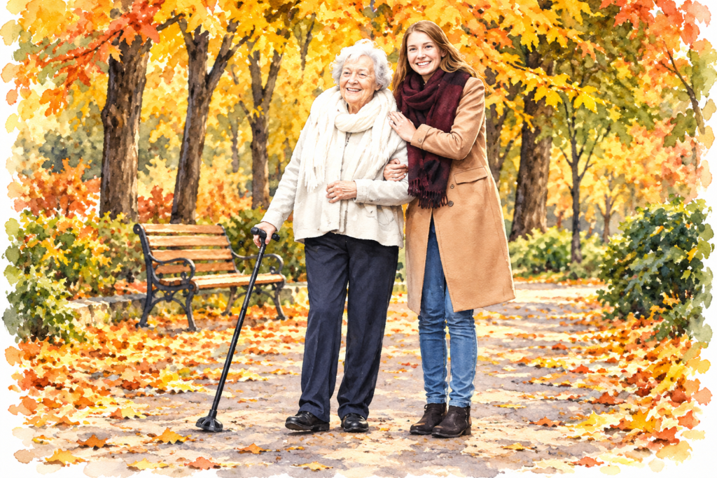 Smiling elderly woman using a black walking cane while a younger female companion supports her arm on a beautiful autumn park pathway surrounded by golden fall leaves.