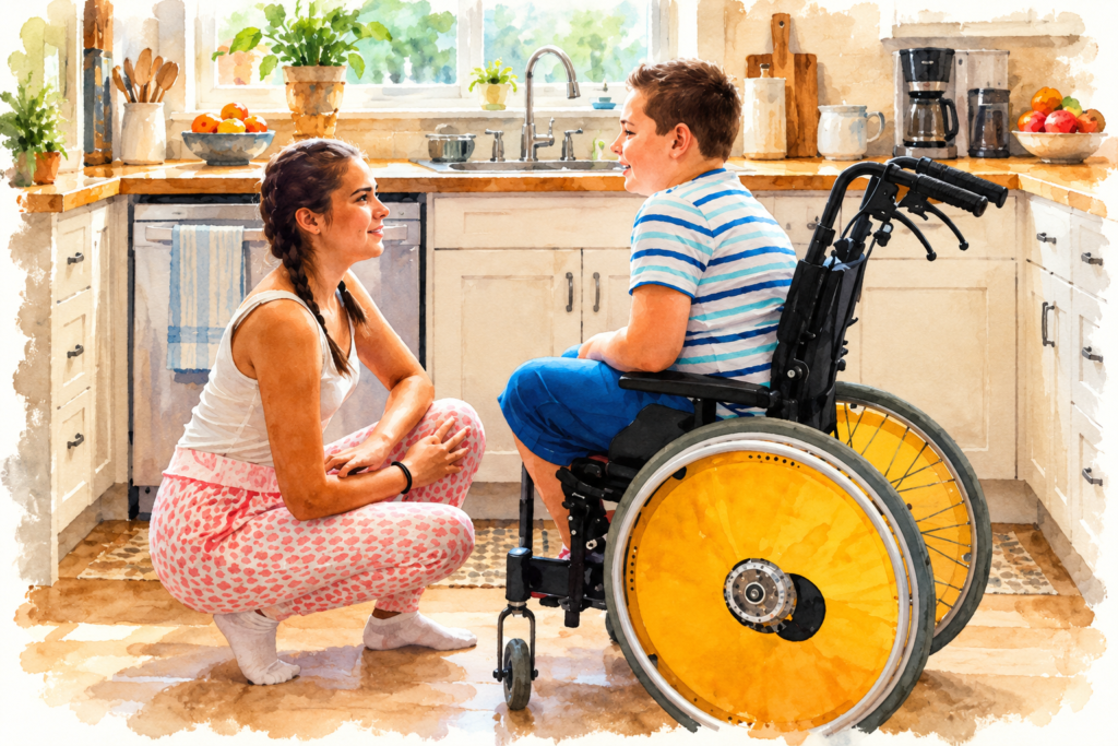 Watercolor illustration of a young boy in a manual wheelchair with bright yellow wheels, smiling at a woman kneeling beside him in a sunny home kitchen.
