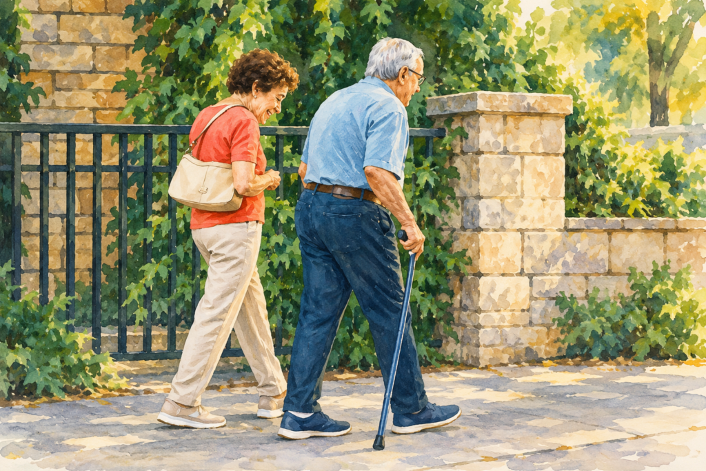 Elderly man using a walking cane while enjoying an outdoor walk with an older woman along a sunny sidewalk.