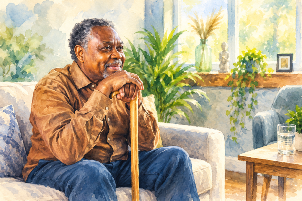 Smiling older man sitting comfortably on a sofa with his hands resting on a wooden walking cane in a bright, welcoming living room.