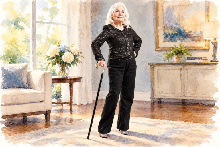 Elegant senior woman with silver-white hair standing confidently with a black walking cane featuring a decorative gold handle in a bright, comfortable living room.