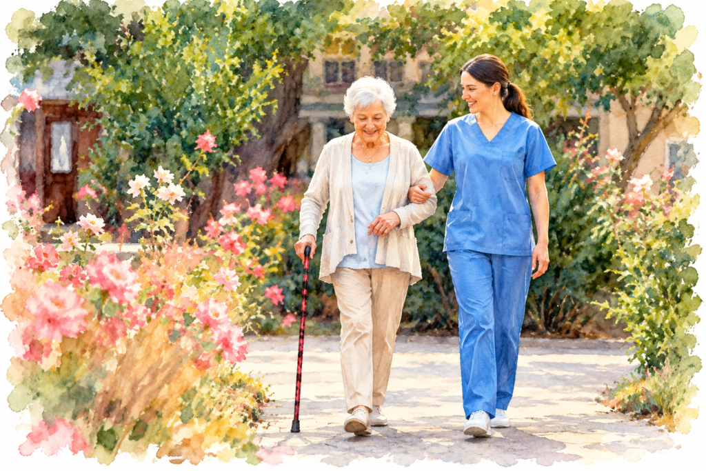 Canes for Women- Elderly woman with white hair using a floral walking cane while a female caregiver in blue scrubs assists her along a sunny garden pathway.
