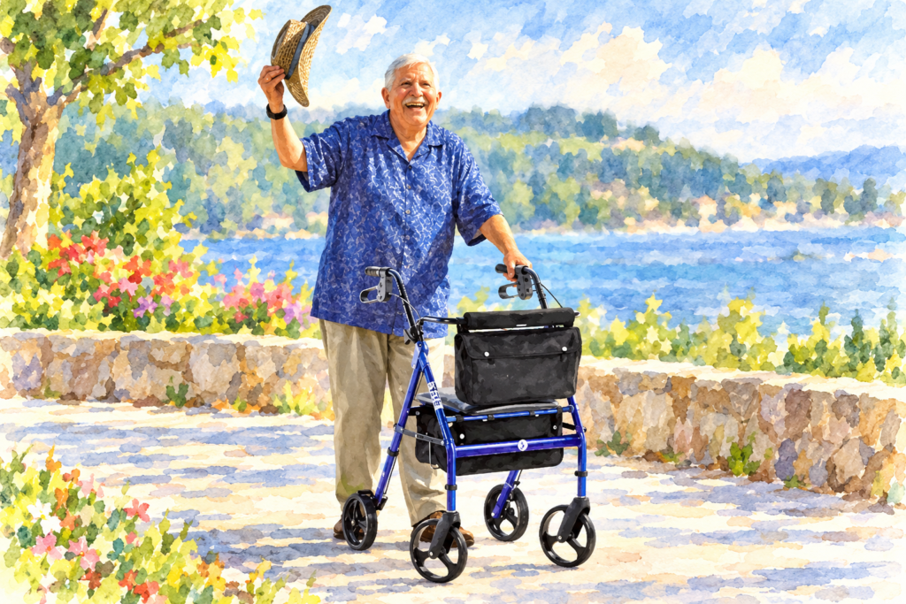 Happy older man waving his hat while standing with a four-wheel rollator walker on a sunny outdoor pathway, watercolor illustration.