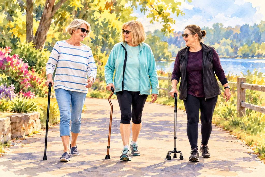 Types of Canes- Watercolor illustration of three smiling older women walking together outdoors, using a single-point cane, an offset cane, and a four-point quad cane.