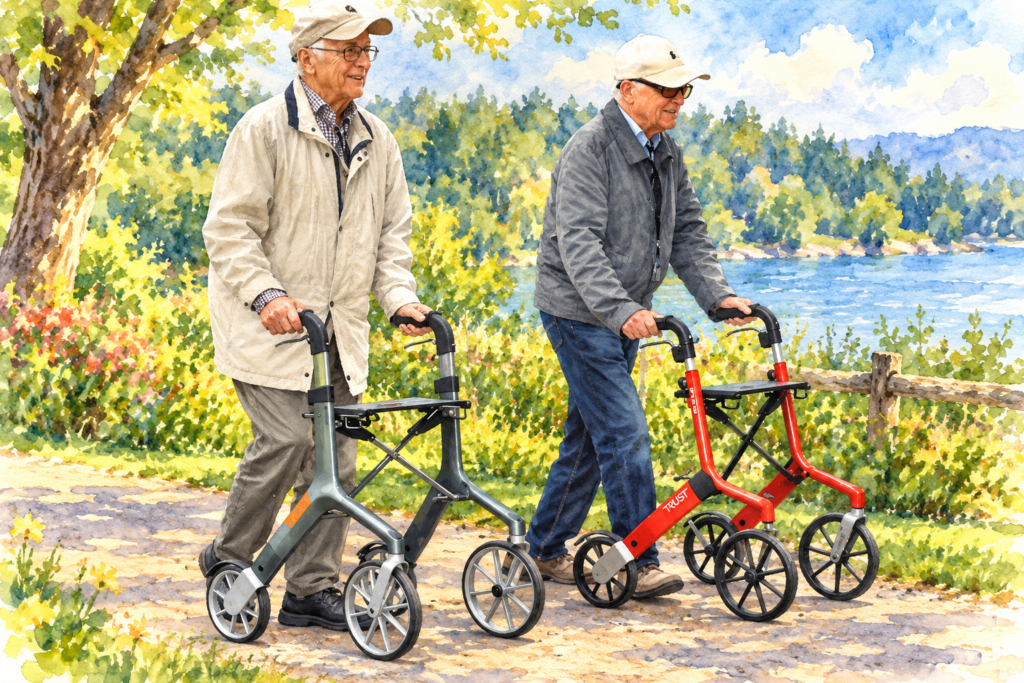 Two older men walking together outdoors using lightweight four-wheel rollator walkers, illustrated in a colorful impressionist watercolor style.